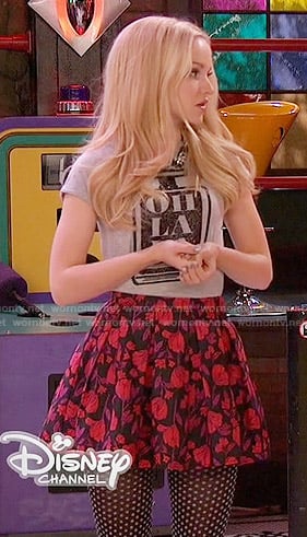 Liv’s red floral skirt and Oh La La tee on Liv and Maddie