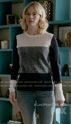 Melissa’s navy colorblock sweater on Last Man on Earth