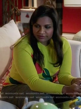 Mindy’s yellow graphic print sweater on The Mindy Project