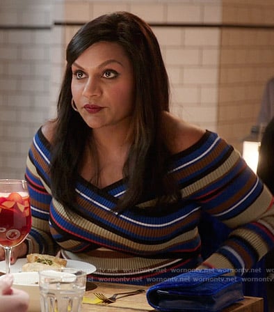 Mindy’s striped off-shoulder dress on The Mindy Project