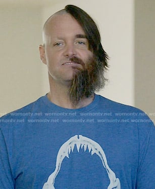 Phil’s blue shark jaw graphic tee on Last Man on Earth