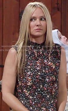 Sharon's printed smocked-neck top on The Young and the Restless