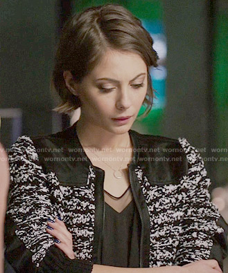 Thea's black and white knit jacket on Arrow
