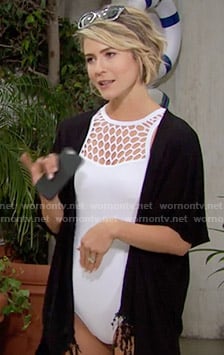 Caroline's white cutout swimsuit and black cover-up on The Bold and the Beautiful
