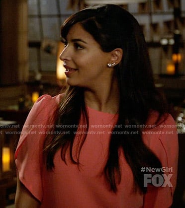 Cece's coral tulip sleeve dress on New Girl