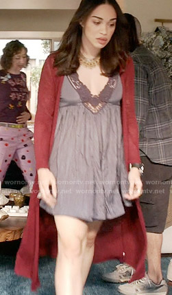 Erica's grey crochet trim dress and long red cardigan on Last Man on Earth