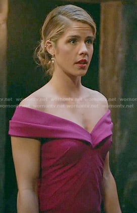 Felicity’s pink off-shoulder gown on Arrow