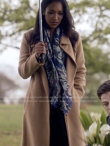 Iris's long camel coat on The Flash