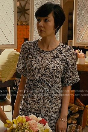 Karen’s black and white printed shift dress on Mistresses