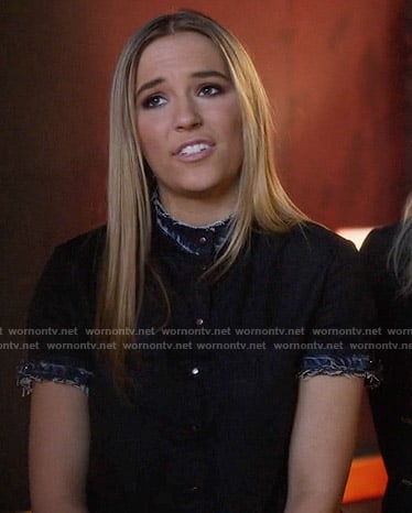 Maddie’s black shirt with denim trim on Nashville