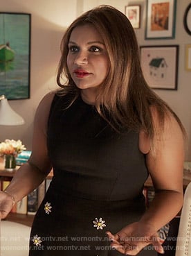 Mindy’s navy dress with crystal flower buttons on The Mindy Project