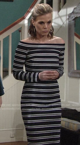 Phyllis's striped off-shoulder dress on The Young and the Restless