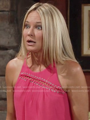 Sharon’s coral pink sleeveless slit front top on The Young and the Restless