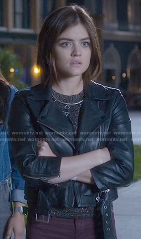 Aria’s belted leather jacket on Pretty Little Liars