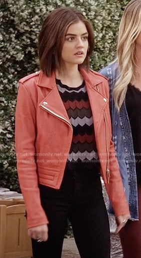 Aria's zig zag striped top and red leather jacket on Pretty Little Liars