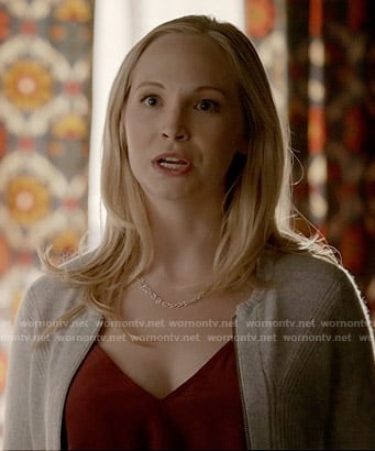Caroline's grey zip front sweater on The Vampire Diaries