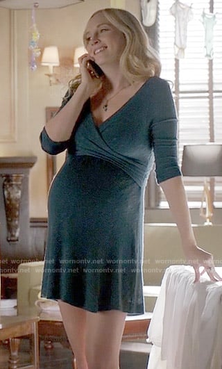 Caroline's teal cross front maternity dress on The Vampire Diaries
