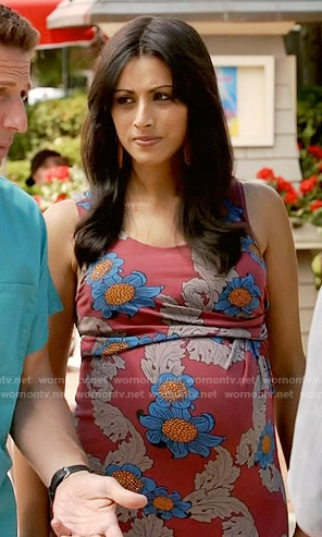 Divya's red floral maternity dress on Royal Pains