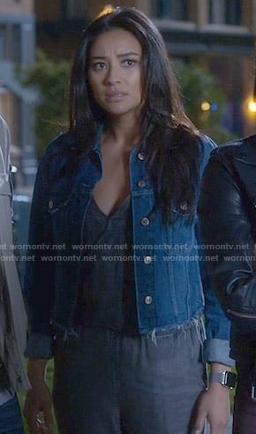 Emily’s grey wrap front jumpsuit on Pretty Little Liars