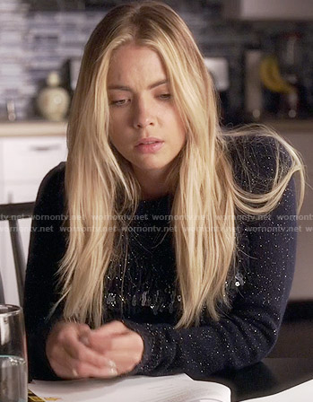 Hanna’s navy blue sparkly fringed sweater on Pretty Little Liars