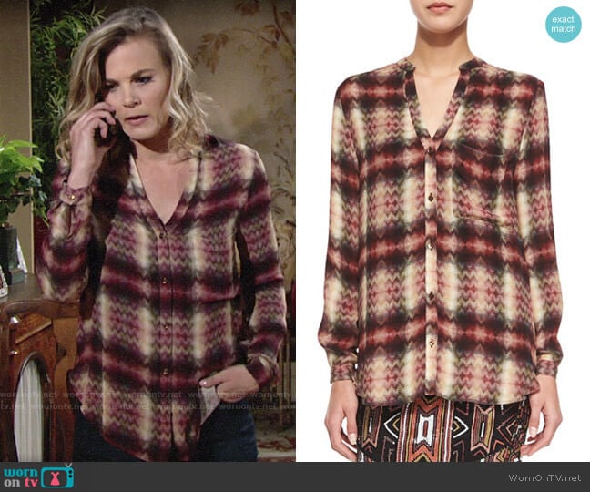 Haute Hippie Long-Sleeve Henley Top in Tribal Chevron Plaid worn by Phyllis Newman (Gina Tognoni) on The Young and the Restless