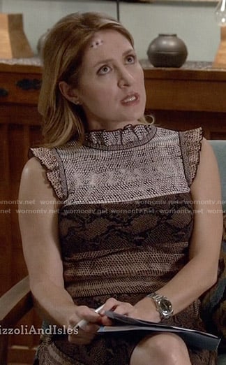 Maura’s brown snake print dress with ruffled trim on Rizzoli and Isles