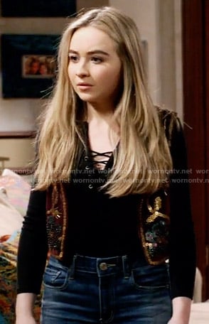 Maya's black lace-up top and sequinned vest on Girl Meets World