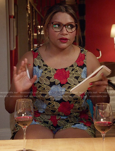 Mindy’s red and blue floral lace top and shorts on The Mindy Project