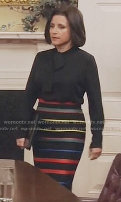 Selina’s striped pencil skirt and black tie neck blouse on Veep