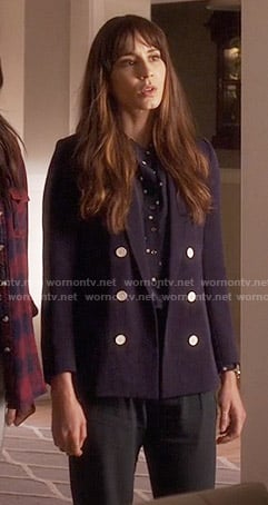 Spencer's polka dot shirt, green trousers and double breasted blazer on Pretty Little Liars