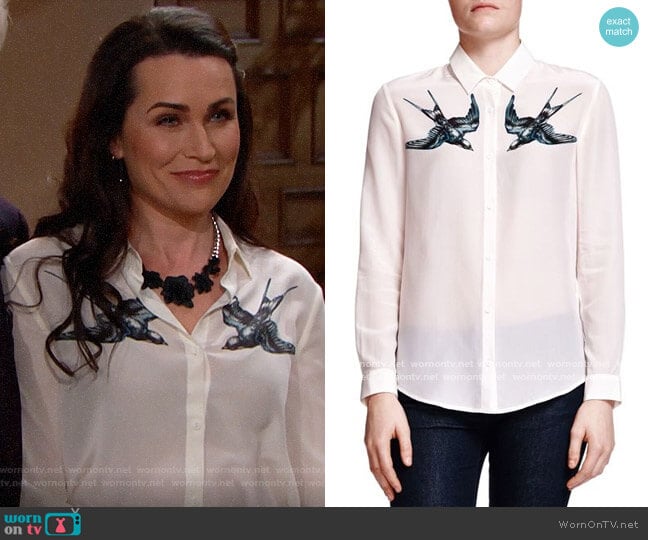 The Kooples Swallow Print Silk Shirt worn by Quinn Fuller (Rena Sofer) on The Bold and the Beautiful