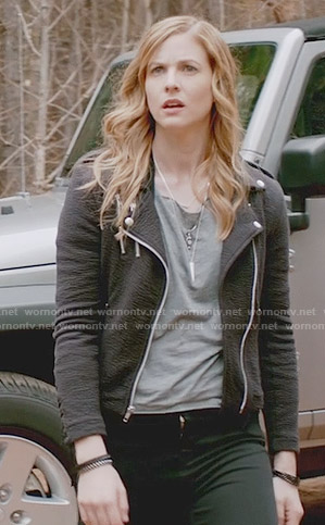 Valerie's black moto jacket with lace-up sleeves on The Vampire Diaries