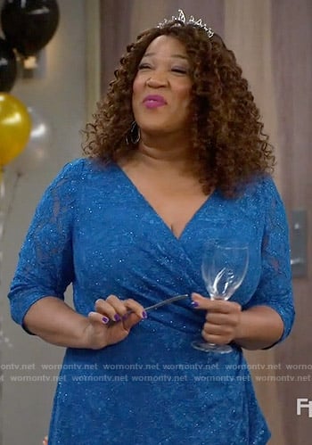 Yolanda's blue lace dress on Young and Hungry