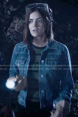 Aria’s green striped top and denim jacket on Pretty Little Liars