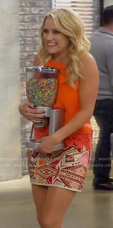 Emily’s red crochet trim top and patterned skirt on Young and Hungry