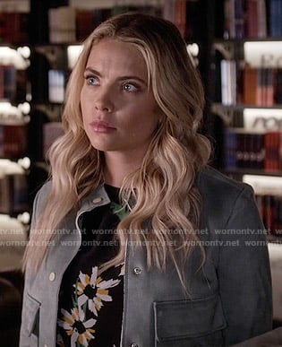 Hanna’s black floral top and suede jacket on Pretty Little Liars