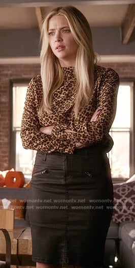 Hanna’s leopard print blouse and black skirt on Pretty Little Liars