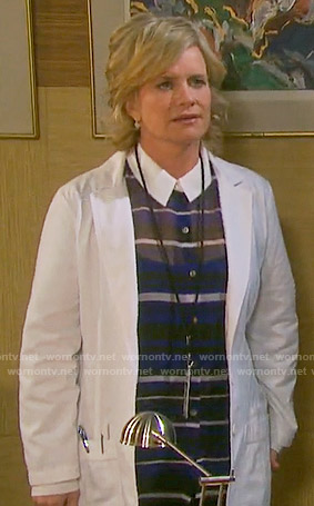 Kayla's blue striped blouse with white collar on Days of our Lives