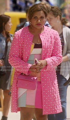 Mindy's patchwork dress and pink studded coat on The Mindy Project