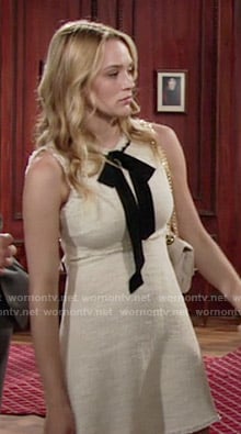 Summer’s beige dress with frayed edges and black tie on The Young and the Restless