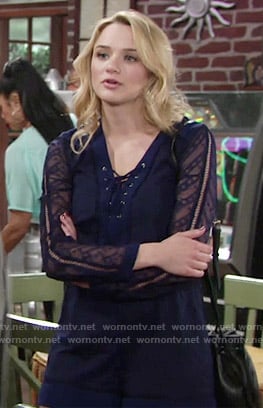 Summer's navy lace-up romper on The Young and the Restless