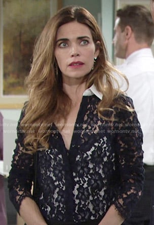 Victoria’s navy lace shirt with white collar on The Young and the Restless