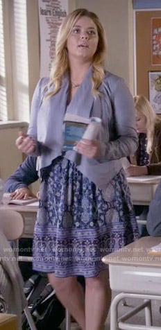 Ali's blue printed dress and draped leather jacket on Pretty Little Liars