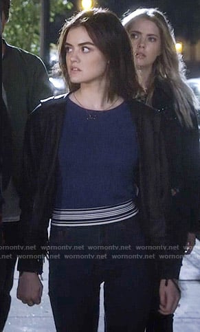 Aria’s blue sweater with striped trim on Pretty Little Liars