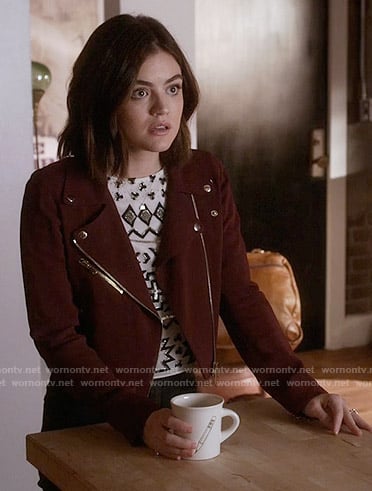 Aria’s embellished top and red moto jacket on Pretty Little Liars