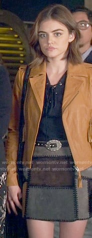 Aria’s tan leather jacket and suede patchwork skirt on Pretty Little Liars