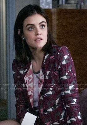 Aria’s purple geometric patterned jacket on Pretty Little Liars