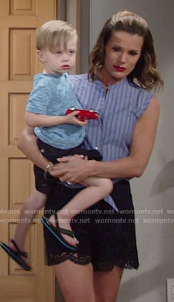 Chelsea’s blue striped shirt and lace shorts on The Young and the Restless