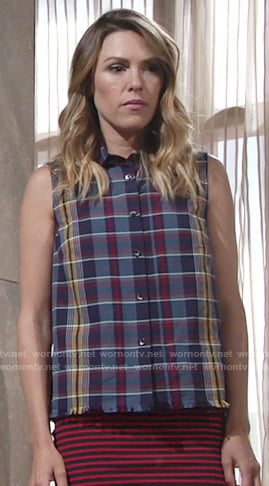 Chloe’s sleeveless plaid shirt and red striped skirt on The Young and the Restless