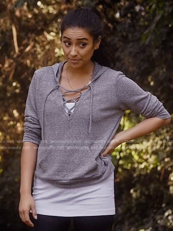 Emily’s grey lace-up hoodie and mesh panel leggings on Pretty Little Liars